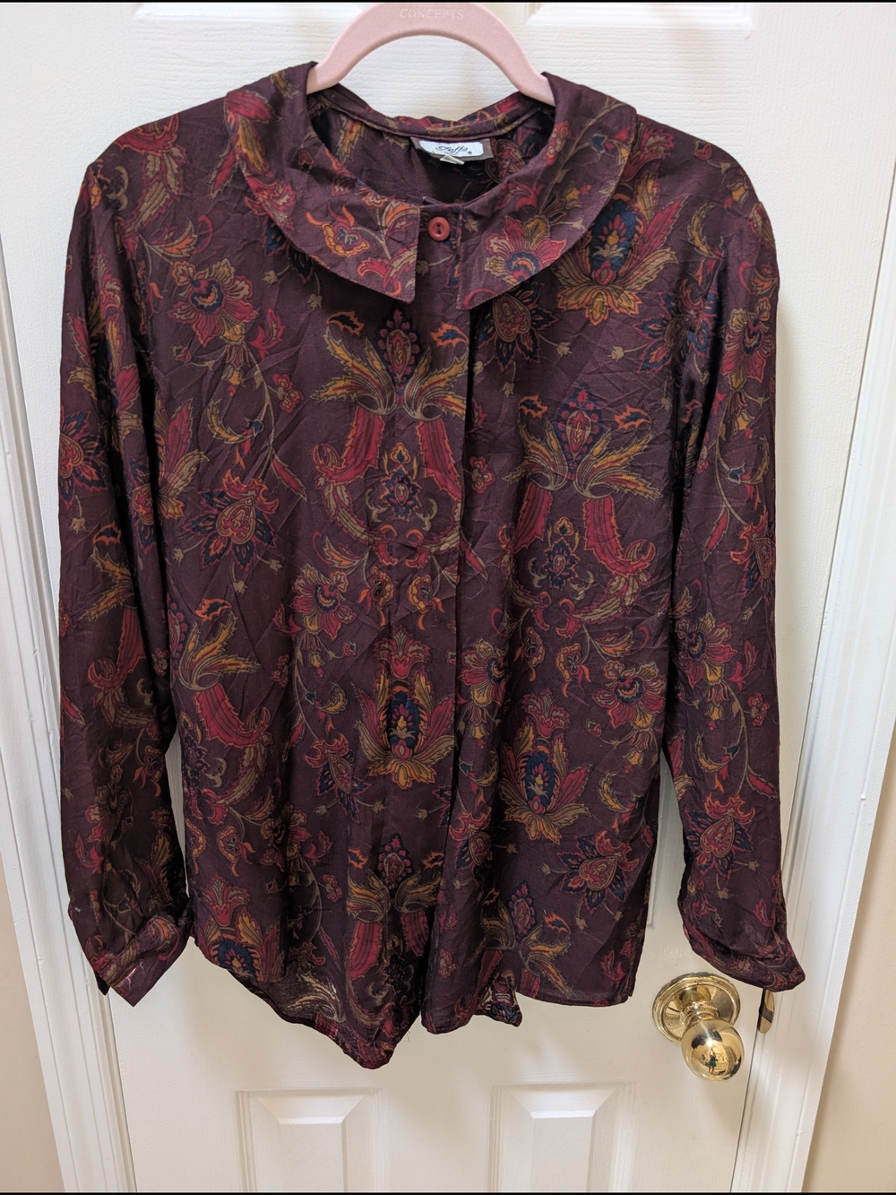Vintage Paisley Button-Up Blouse in Burgundy